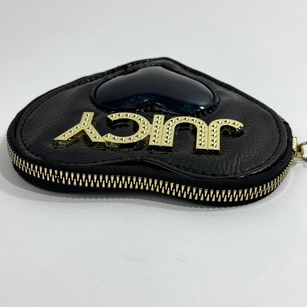 Juicy Couture Black Patent Faux Leather Zip Around Heart Shaped Coin Purse - Picture 4 of 7